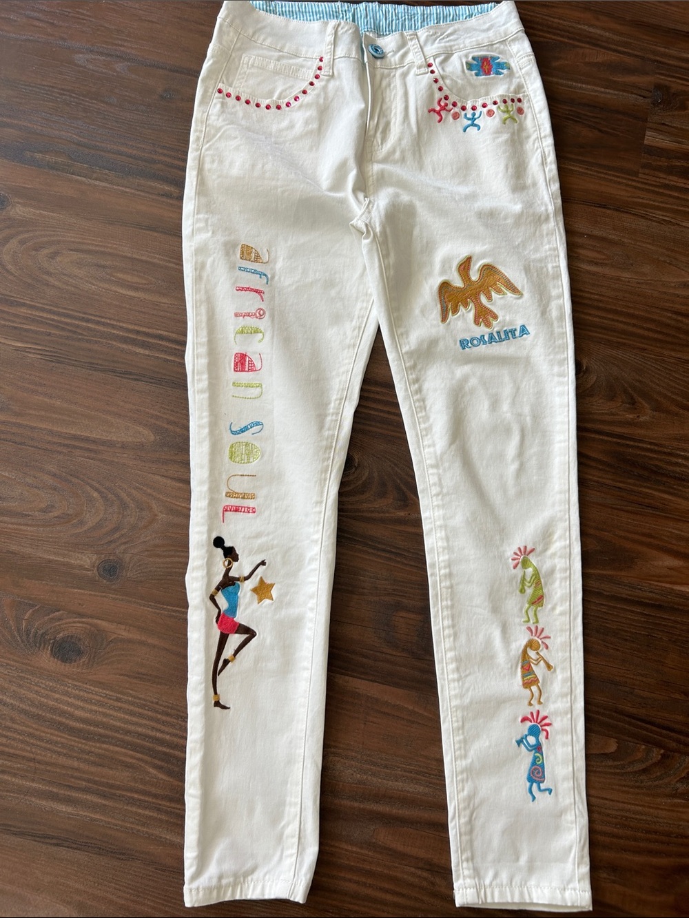White Embroidered Skinny Jeans with Colorful Motifs